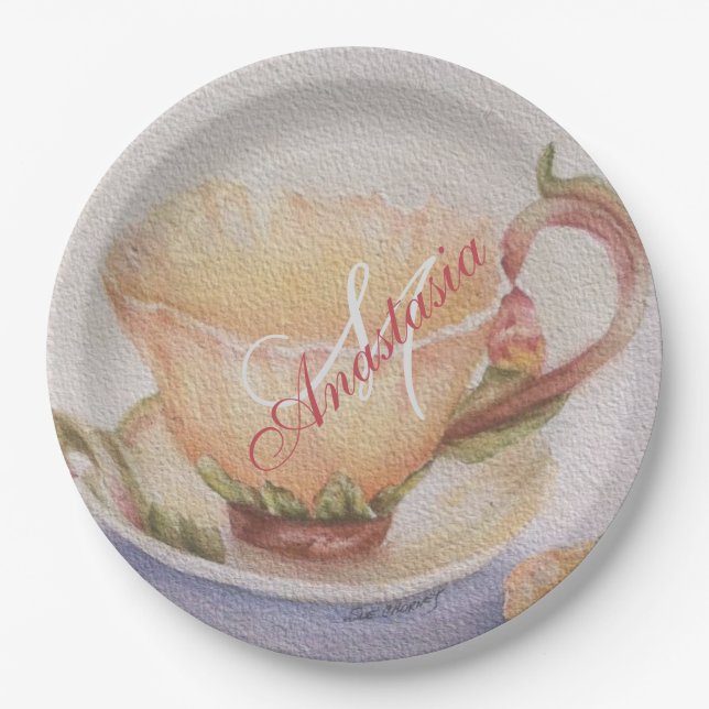 BUTTERCUP TEACUP MONOGRAM PARTY PAPER PLATES (Front)