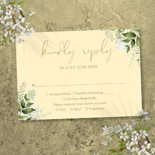 Buttercup Yellow And Gold Greenery Wedding RSVP Card