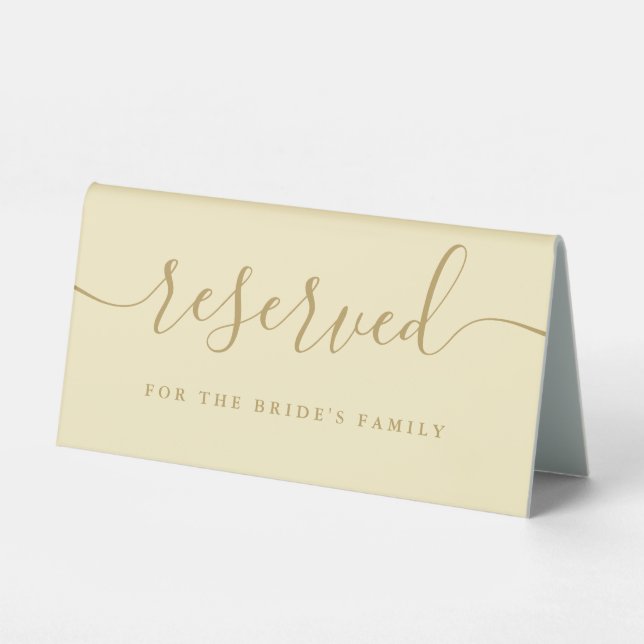 Buttercup Yellow And Gold Script Wedding Reserved Table Tent (Front)