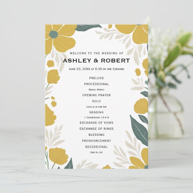 Buttercup Yellow Floral Modern Wedding Ceremony Program (Standing Front)