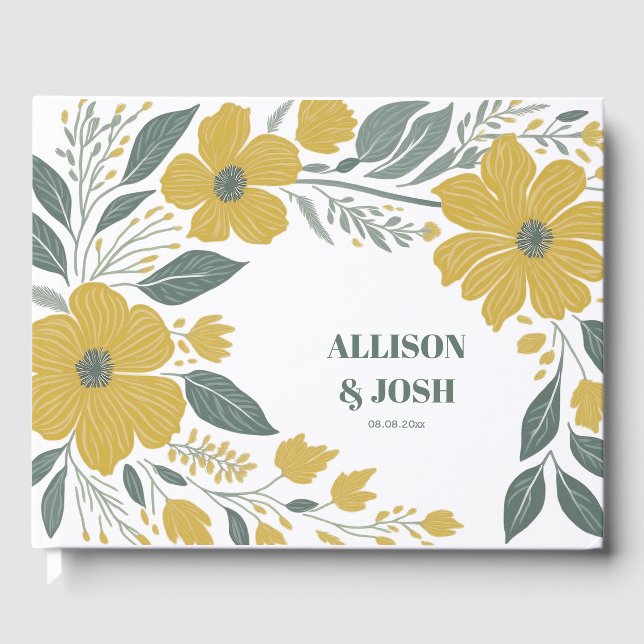 Buttercup Yellow Gold Floral Modern Wedding Guest Book (Front)