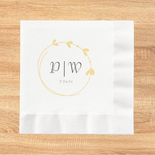 Buttercup Yellow Heart Wreath Initials Wedding Napkins