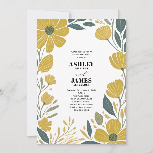 Buttercup Yellow Modern Floral Engagement Party Invitation (Front)