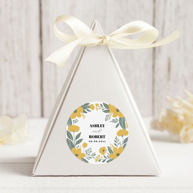 Buttercup Yellow Modern Floral Wedding Classic Round Sticker (Creator Uploaded)