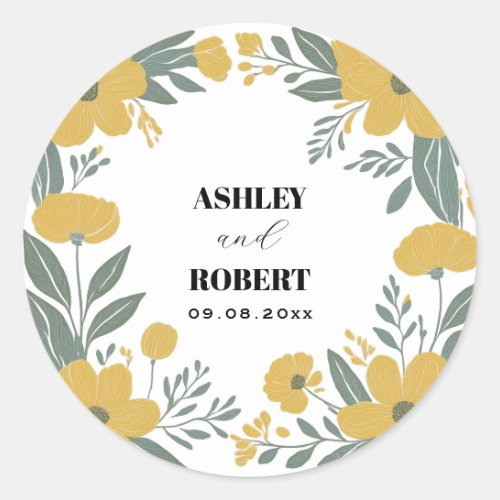 Buttercup Yellow Modern Floral Wedding Classic Round Sticker