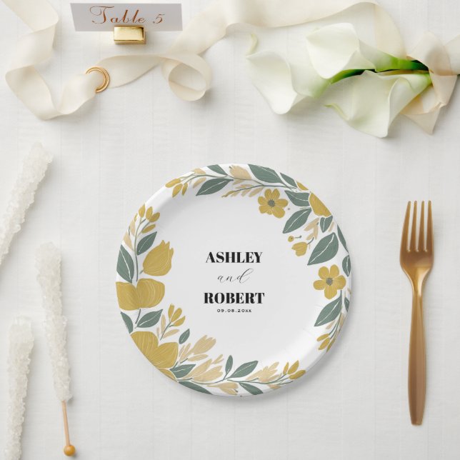Buttercup Yellow Modern Floral Wedding Paper Plates (Wedding)
