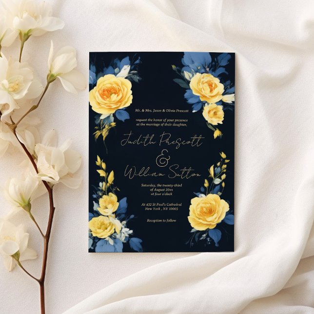 Buttercup yellow navy blue boho floral Wedding Invitation (Buttercup yellow navy blue boho floral Wedding)