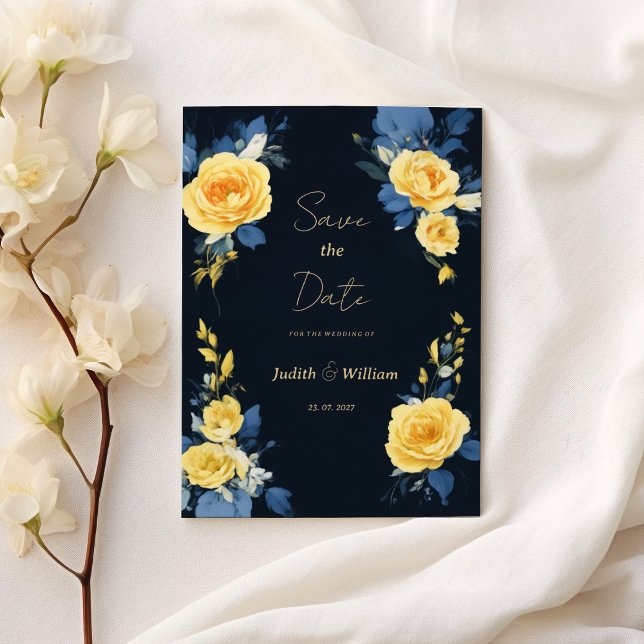 Buttercup yellow navy blue floral Save the Date Invitation (Buttercup yellow navy blue floral Save the Date)