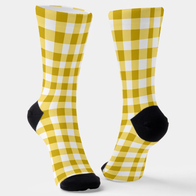 Buttercup Yellow & White Gingham Plaid Pattern  Socks (Angled)