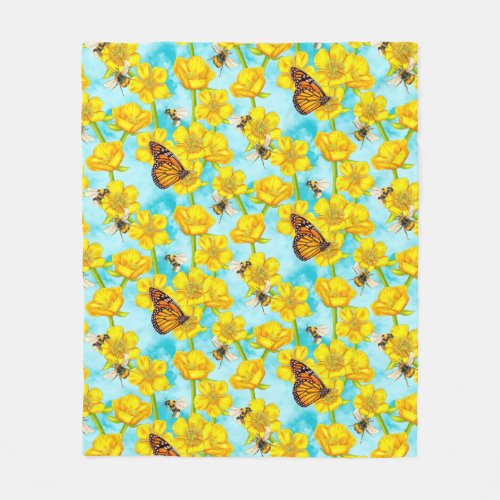 Buttercups Bees and Butterflies on Clouds Fleece Blanket