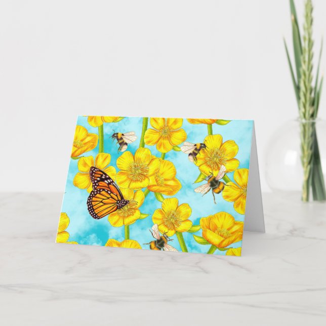 Buttercups, Bees and Butterflies on Clouds Note Card (Front)