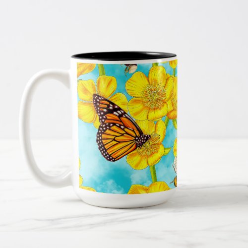 Buttercups Bees and Butterflies on Clouds Two_Tone Coffee Mug