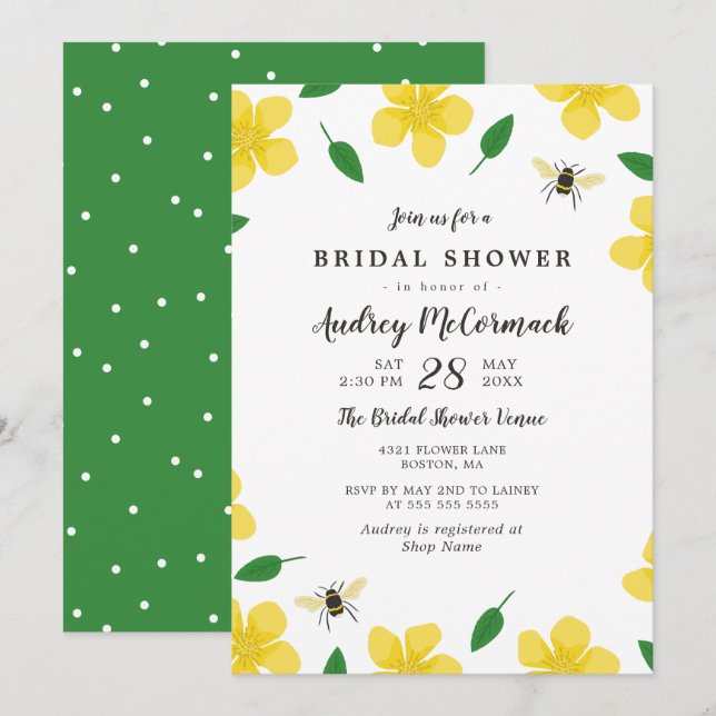 Buttercups & Bees - Floral Bridal Shower Invitation (Front/Back)