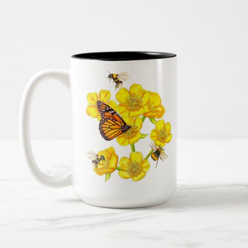 Buttercups dance with bees and butterflies Two_Tone coffee mug