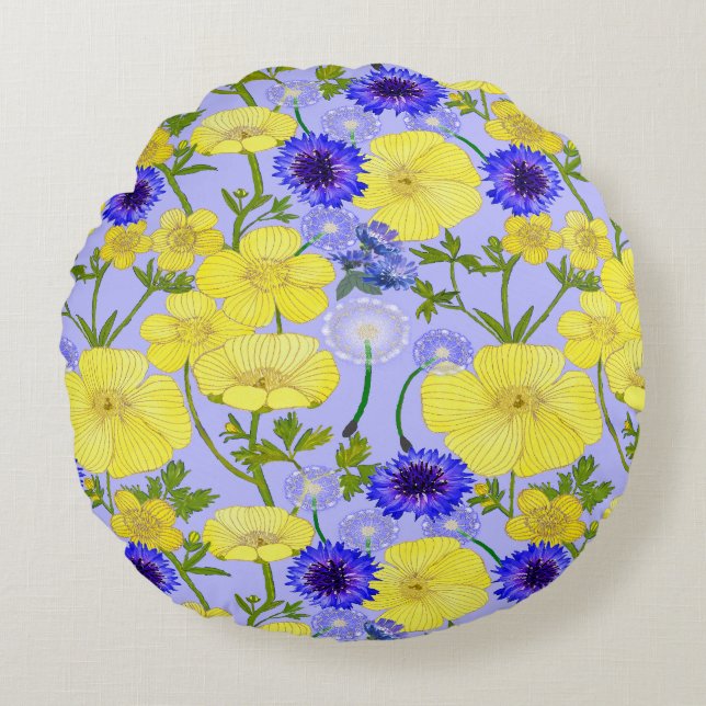 Buttercups, Dandelion Puffballs Blue Cornflowers Round Pillow (Front)