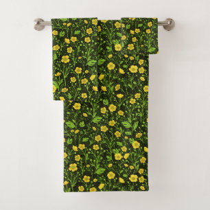 Buttercups on black bath towel set