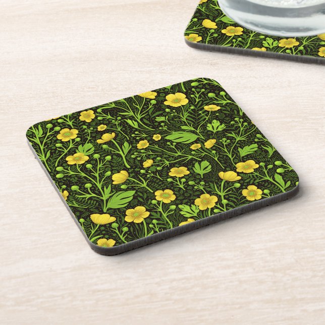 Buttercups on black beverage coaster (Left Side)