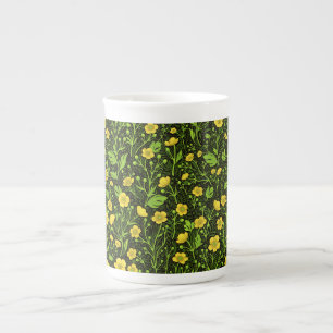 Buttercups on black bone china mug