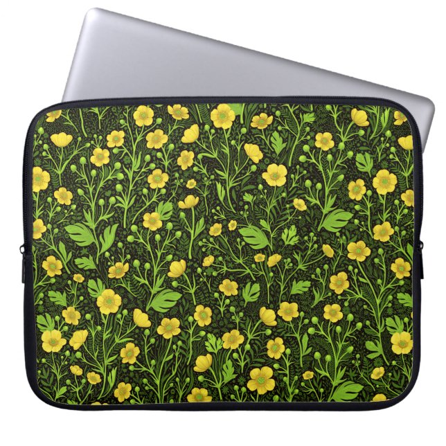 Buttercups on black laptop sleeve (Front)