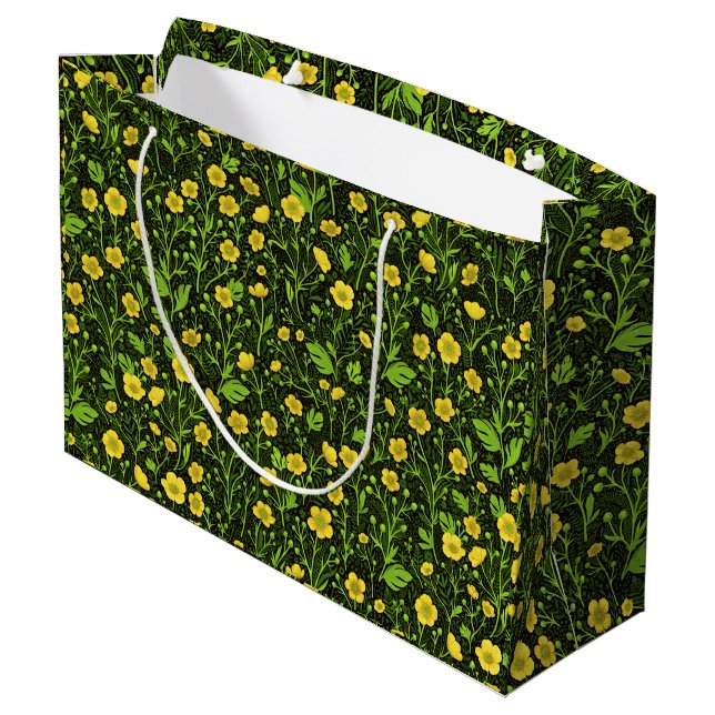 Buttercups on black large gift bag (Back Angled)
