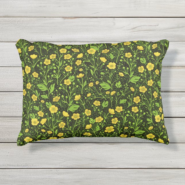 Buttercups on black outdoor pillow (Front)