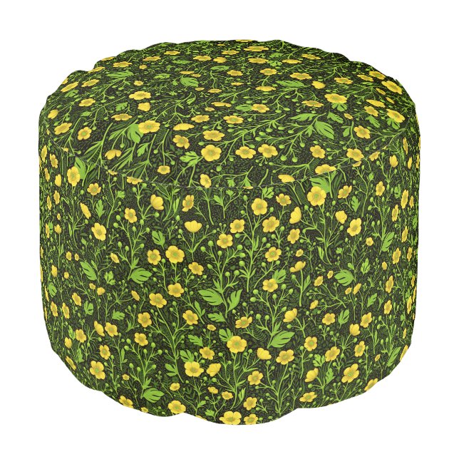 Buttercups on black pouf (Angled Front)