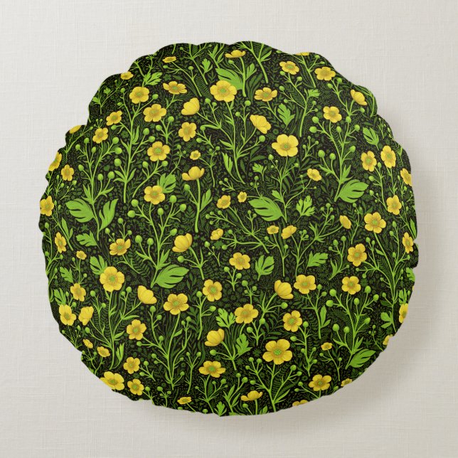 Buttercups on black round pillow (Front)