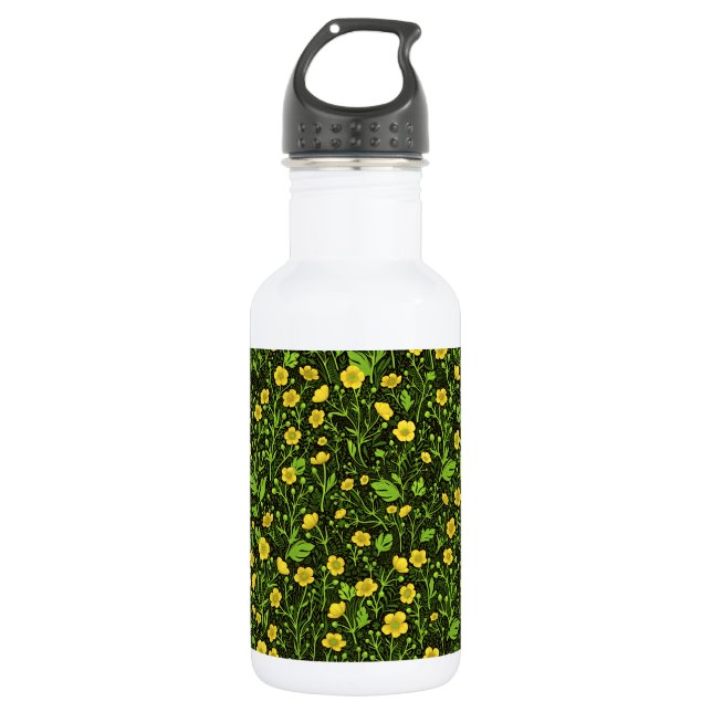 Buttercups on black stainless steel water bottle (Front)