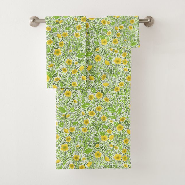 Buttercups on white bath towel set (Insitu)