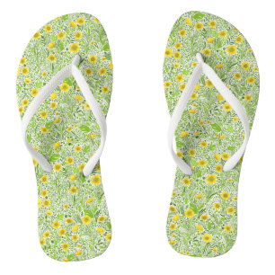 Buttercups on white flip flops