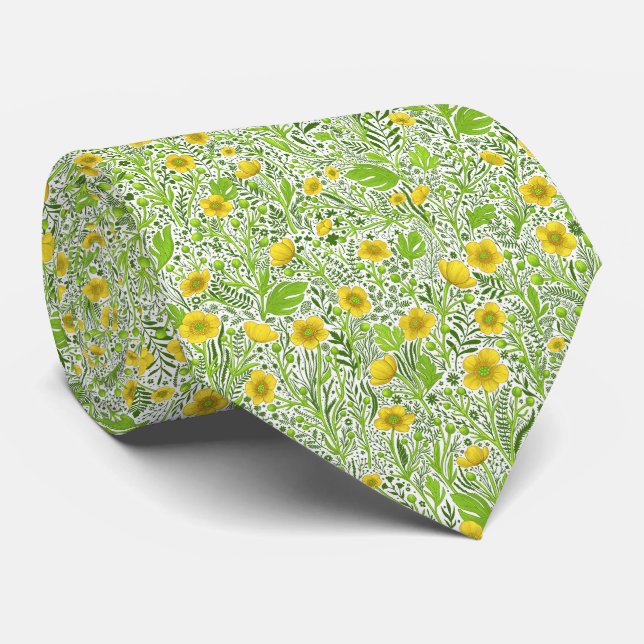 Buttercups on white neck tie (Rolled)