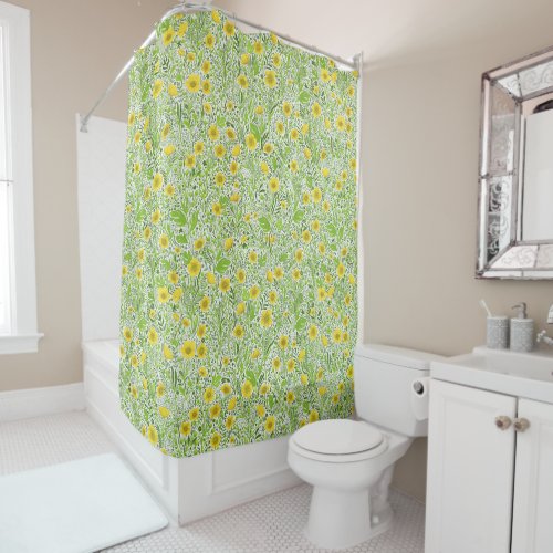 Buttercups on white shower curtain