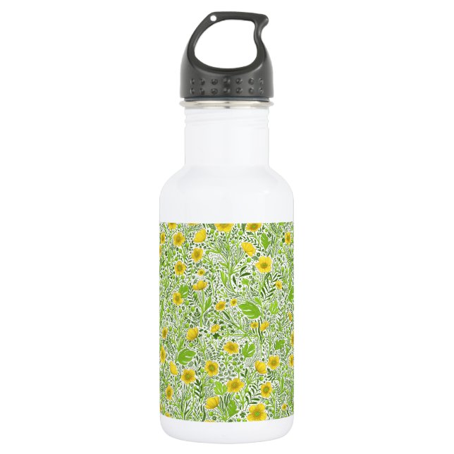Buttercups on white stainless steel water bottle (Front)