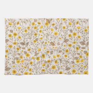 Buttercups, yellow and brown kitchen towel
