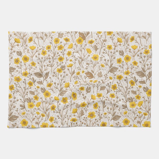 Buttercups, yellow and brown kitchen towel (Horizontal)