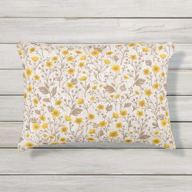 Buttercups, yellow and brown outdoor pillow (Front)