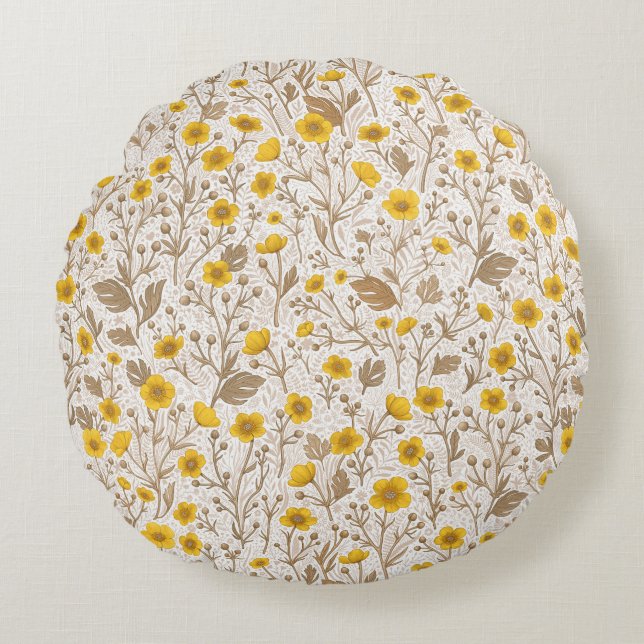 Buttercups, yellow and brown round pillow (Front)