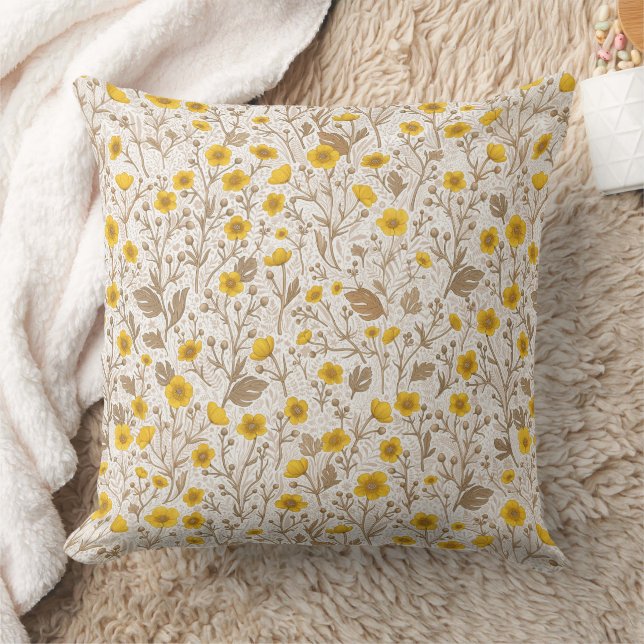 Buttercups, yellow and brown throw pillow (Blanket)