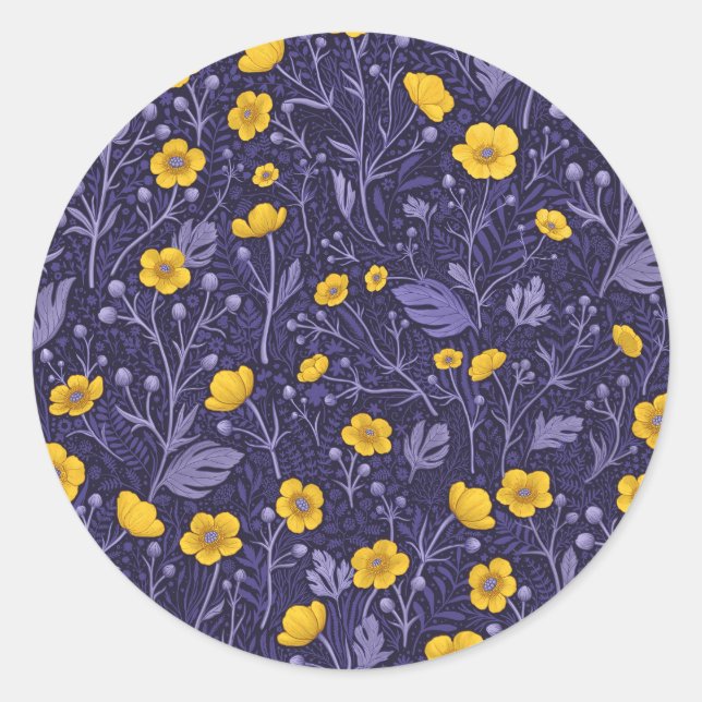 Buttercups, yellow and violet classic round sticker (Front)