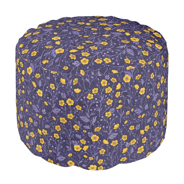 Buttercups, yellow and violet pouf (Angled Front)