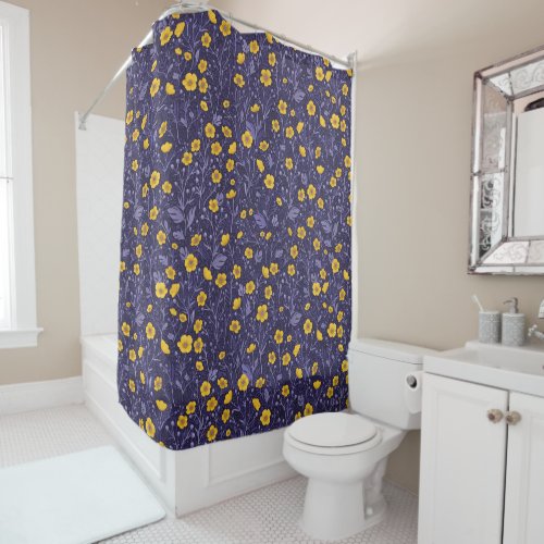 Buttercups yellow and violet shower curtain