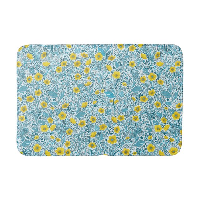 Buttercups, yellow, blue and white bath mat (Front)