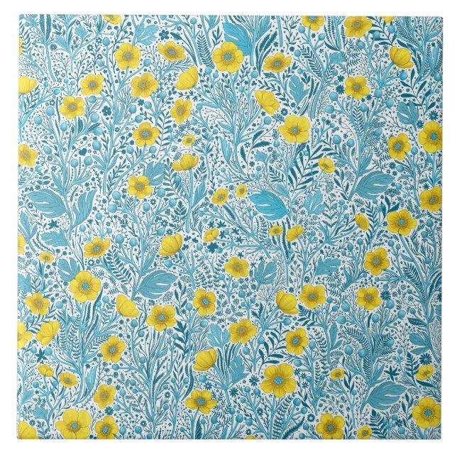 Buttercups, yellow, blue and white ceramic tile (Front)