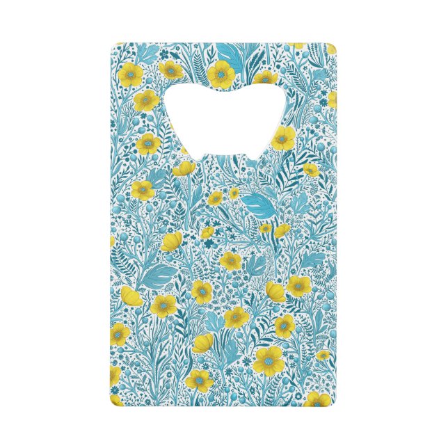 Buttercups, yellow, blue and white credit card bottle opener (Front)