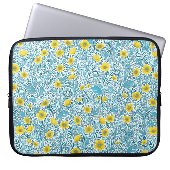 Buttercups, yellow, blue and white laptop sleeve (Front)