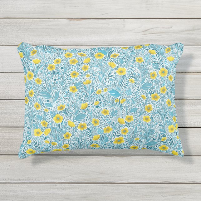 Buttercups, yellow, blue and white outdoor pillow (Front)