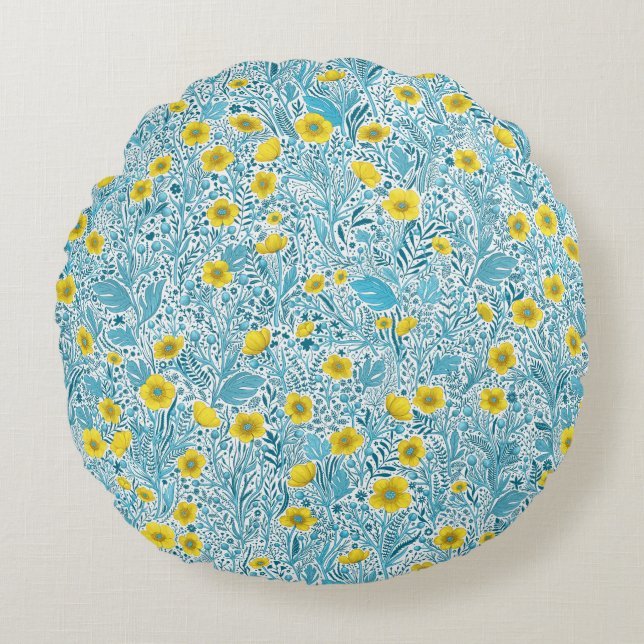 Buttercups, yellow, blue and white round pillow (Front)