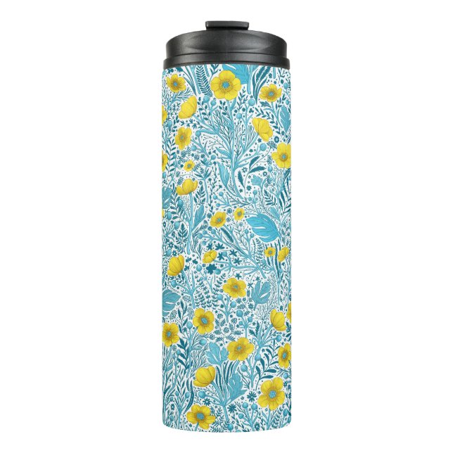 Buttercups, yellow, blue and white thermal tumbler (Front)