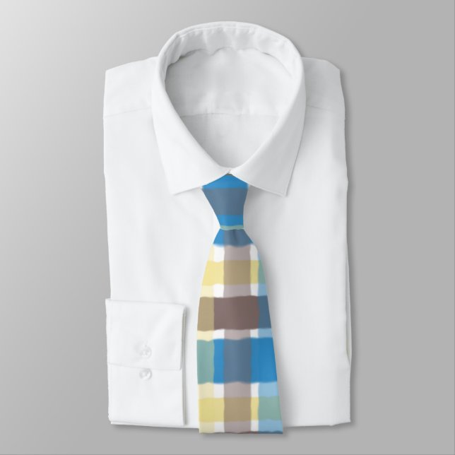 Buttered Popcorn Coffee Brown Sonic Blue Plaid Neck Tie (Tied)