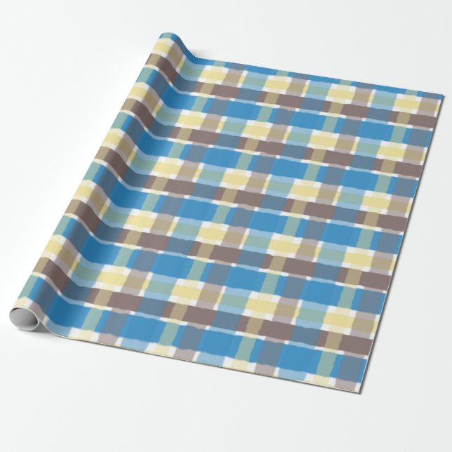 Buttered Popcorn Coffee Brown Sonic Blue Plaid Wrapping Paper (Unrolled)